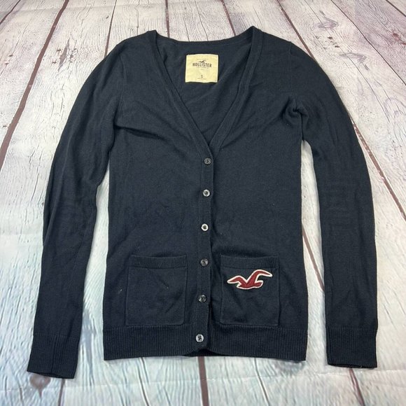 Hollister Women’s Cardigan Sweater Blue V Neck Pockets Long Sleeve Logo Knit S - Picture 1 of 8